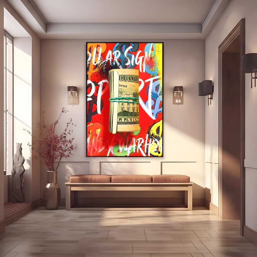 Tablou canvas cu tablou canvas cu teanc de dolari, in rama de aluminiu negru